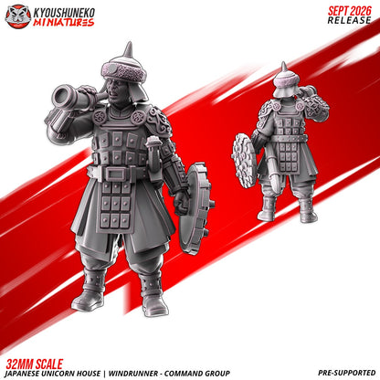 Windrunner Musician sounding a horn, with a round shield, front and rear views, designer render by Kyoushuneko Miniatures.