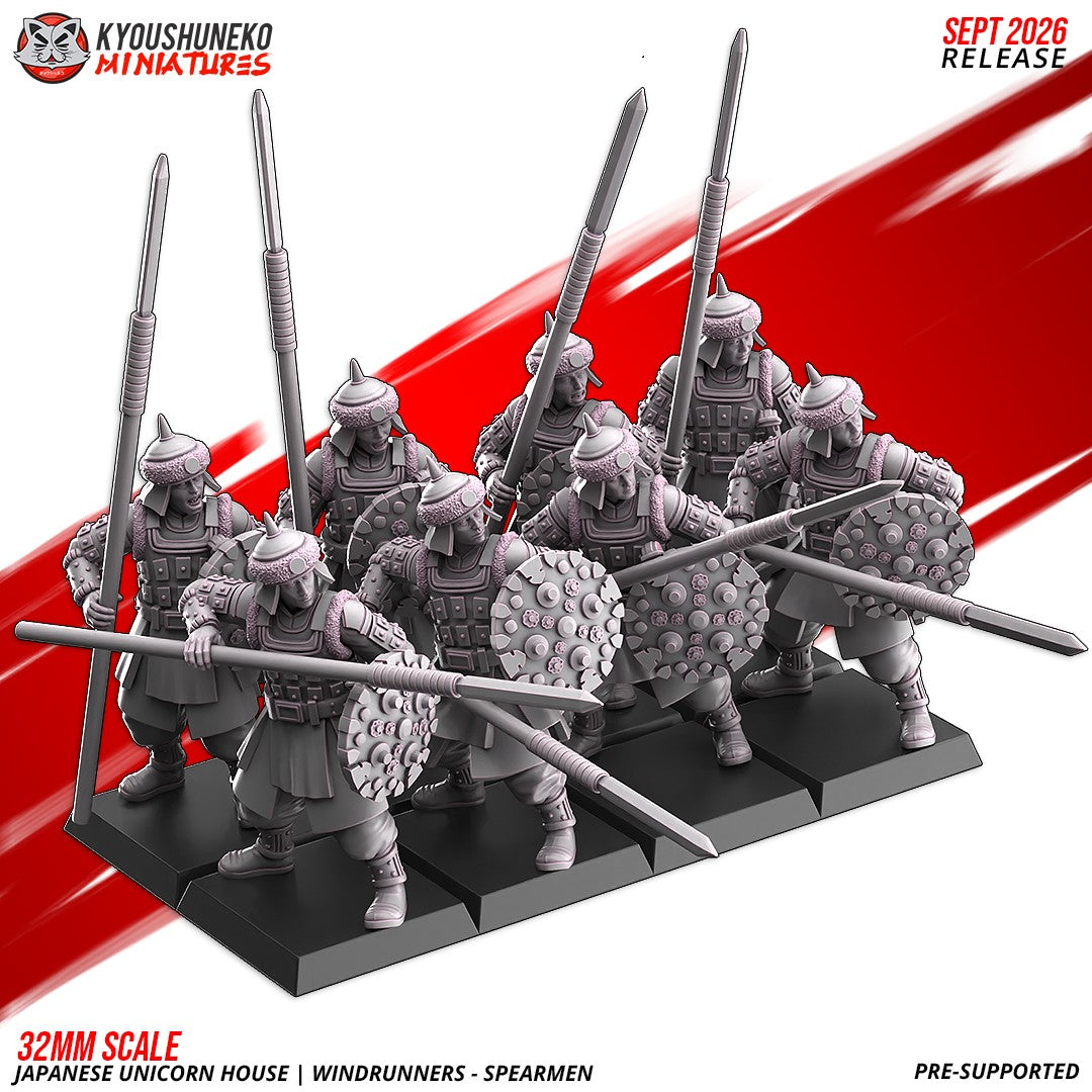 Unicorn House Windrunner Spearmen ranked on square bases, designer render by Kyoushuneko Miniatures: feudal Japanese foot soldiers in fur-trimmed spiked helmets with long yari spears and round studded shields; unpainted 3D printed resin miniatures in 28mm or 32mm scale.