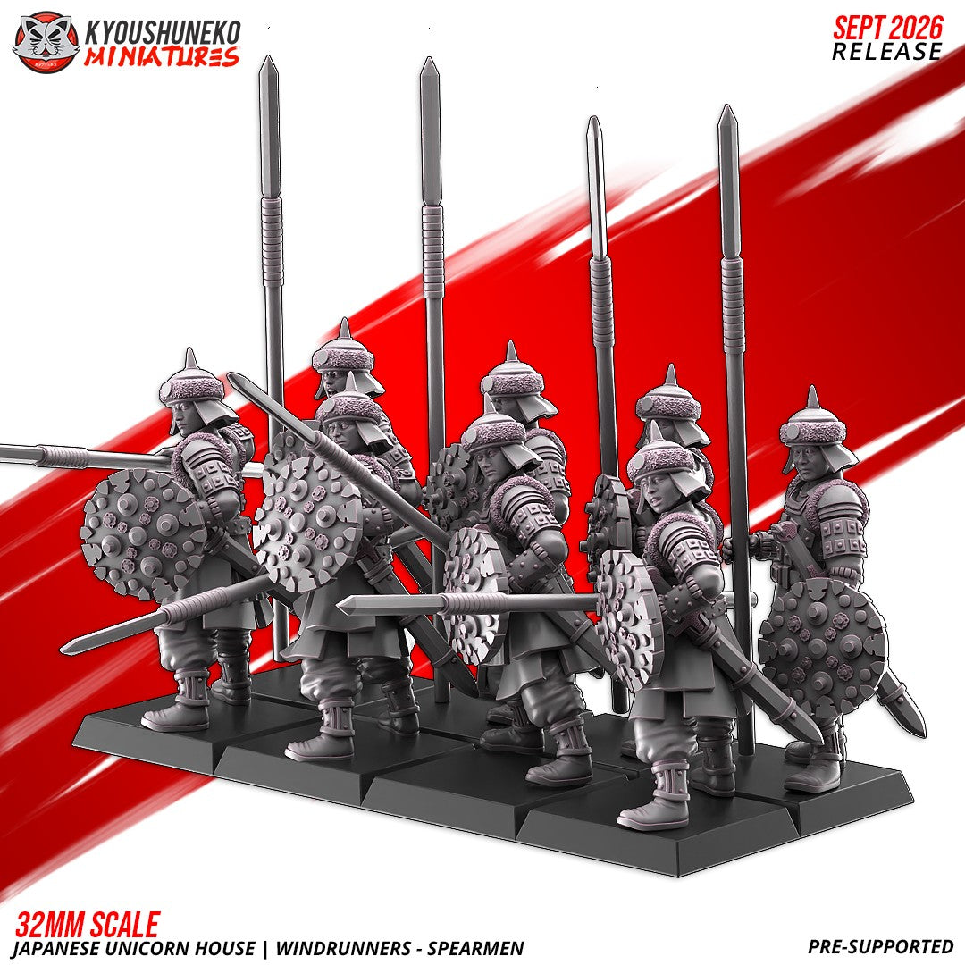 Windrunner Spearmen ranked as a unit with spears levelled, designer render by Kyoushuneko Miniatures.