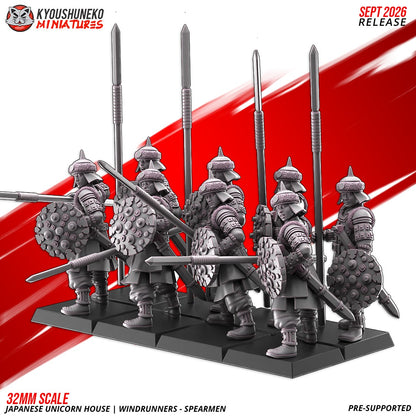 Windrunner Spearmen ranked as a unit with spears levelled, designer render by Kyoushuneko Miniatures.