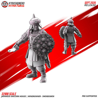 Windrunner swordsman, one of the eight sculpts, front and rear views, designer render by Kyoushuneko Miniatures.