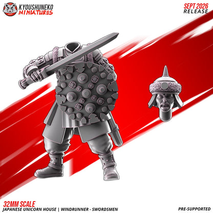 Windrunner swordsman, one of the eight sculpts, front and rear views, designer render by Kyoushuneko Miniatures.
