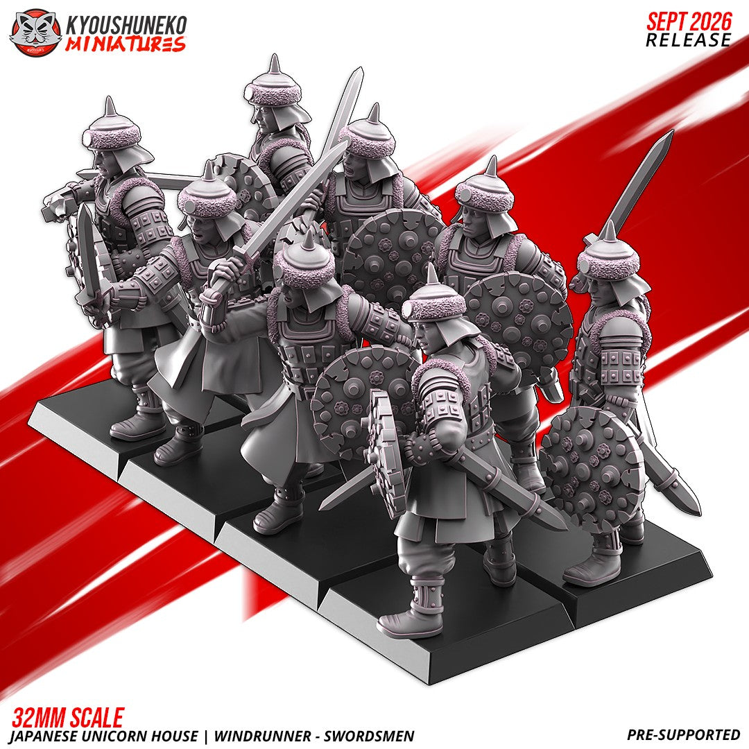 Windrunner Swordsmen ranked as a unit, rear three-quarter view, designer render by Kyoushuneko Miniatures.