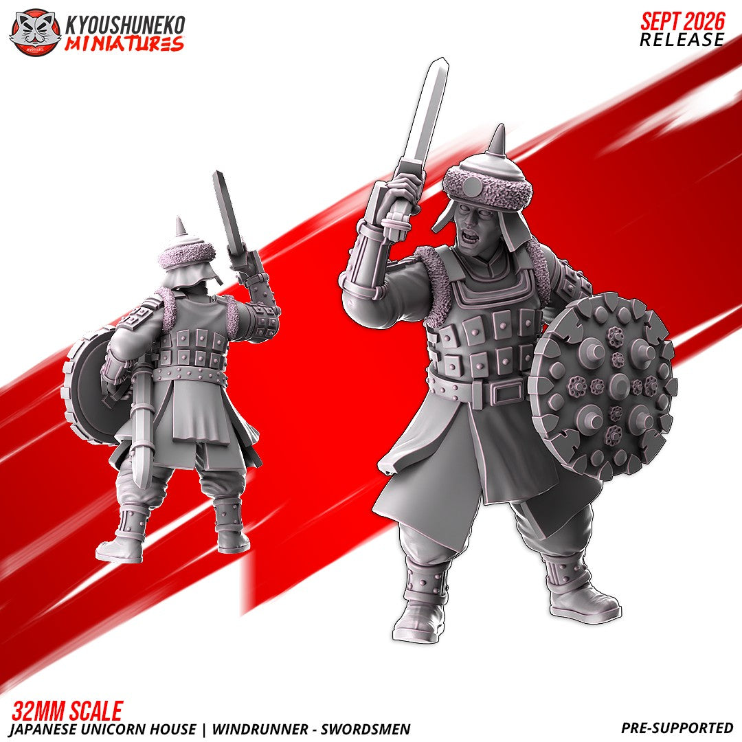 Windrunner swordsman, one of the eight sculpts, front and rear views, designer render by Kyoushuneko Miniatures.