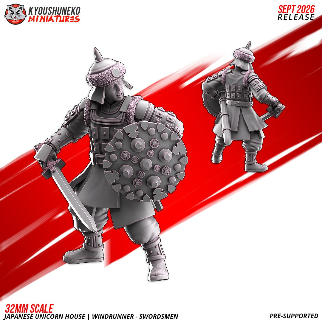 Windrunner swordsman, one of the eight sculpts, front and rear views, designer render by Kyoushuneko Miniatures.