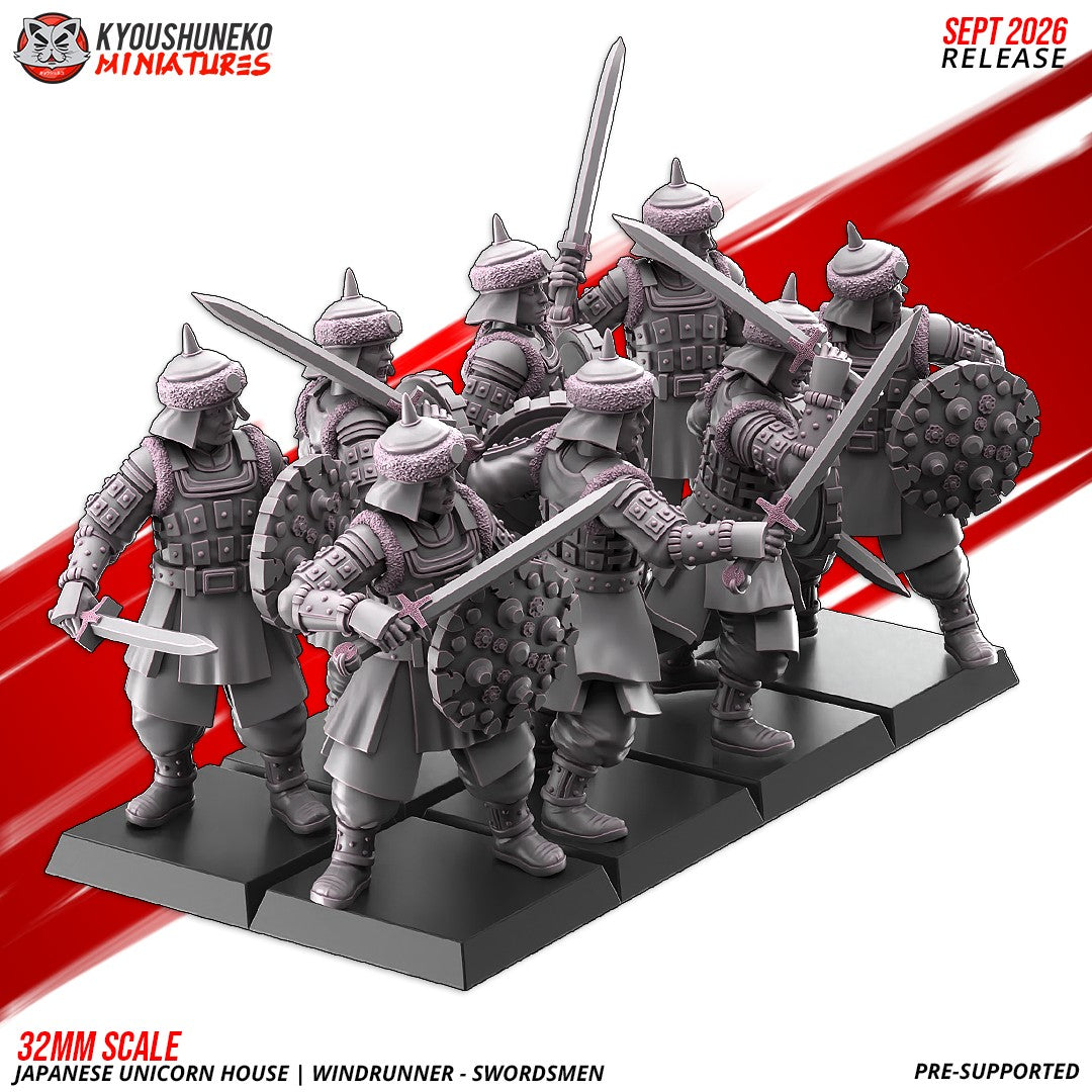Unicorn House Windrunner Swordsmen ranked on square bases, designer render by Kyoushuneko Miniatures: feudal Japanese foot soldiers in fur-trimmed spiked helmets with straight swords and round studded shields; unpainted 3D printed resin miniatures in 28mm or 32mm scale.