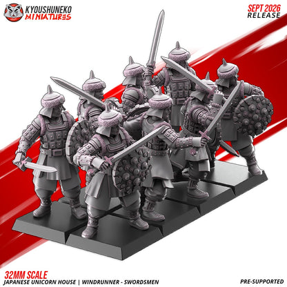 Unicorn House Windrunner Swordsmen ranked on square bases, designer render by Kyoushuneko Miniatures: feudal Japanese foot soldiers in fur-trimmed spiked helmets with straight swords and round studded shields; unpainted 3D printed resin miniatures in 28mm or 32mm scale.