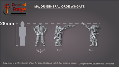Coveted Forge scale reference: Major-General Wingate and two escort bodies beside a 28mm human silhouette, heads included as separate pieces