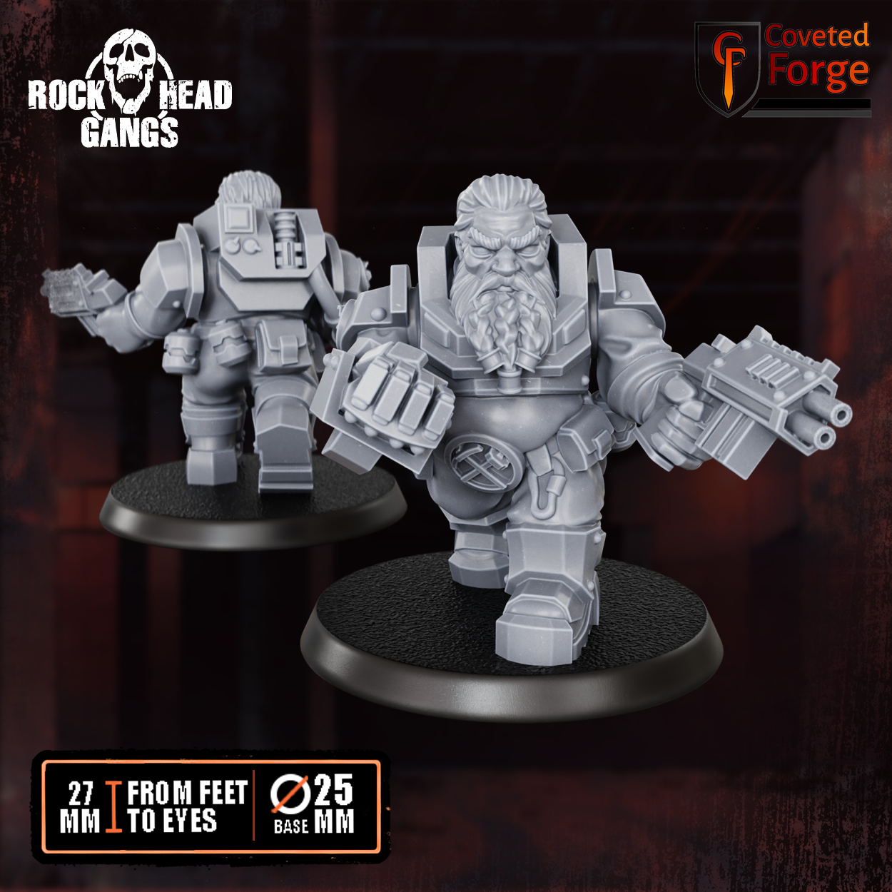 Render of Black Mountain Diggers Warrior | 32mm Squat Miner Sci-Fi Proxy: A single sci-fi dwarf miner with a boltgun. 3D printed resin, used as a Leagues of Votann or squat gang fighter proxy.