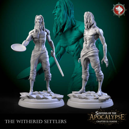 The Withered Settlers set: two gaunt famine-struck villager miniatures by White Werewolf Tavern, 3D printed in resin.