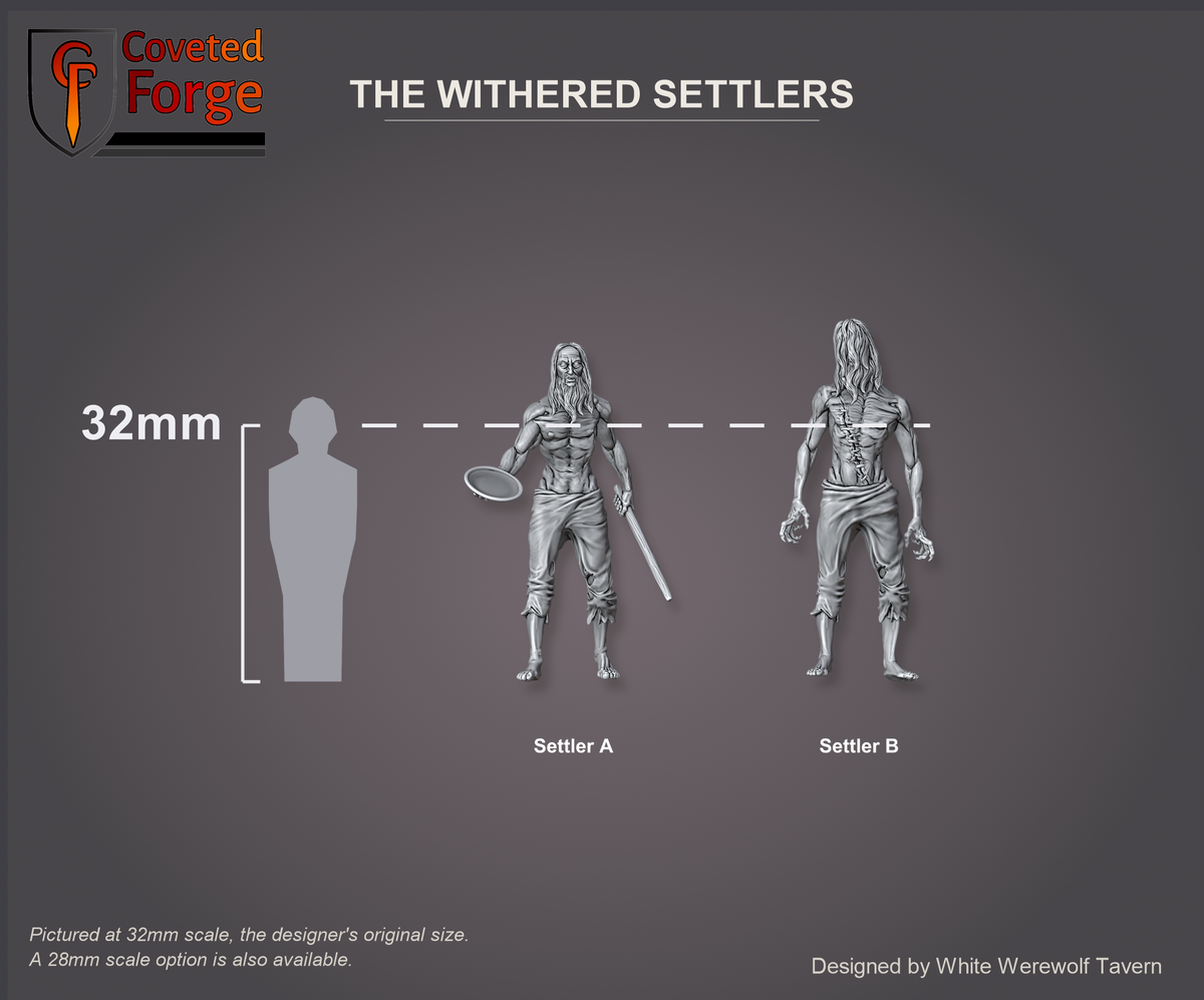 The Withered Settlers shown at 32mm scale beside a 32mm human silhouette for scale reference; a 28mm scale option is also available.