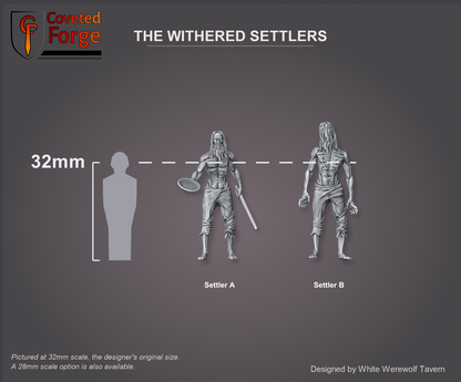 The Withered Settlers shown at 32mm scale beside a 32mm human silhouette for scale reference; a 28mm scale option is also available.
