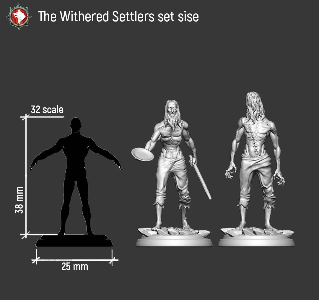 The Withered Settlers size chart: about 38mm tall at 32mm scale on a 25mm round base.
