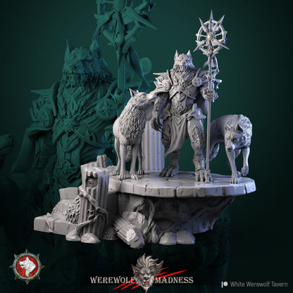 White Werewolf Diorama resin kit, armored werewolf shaman with sun staff and two wolves on a ruined shrine
