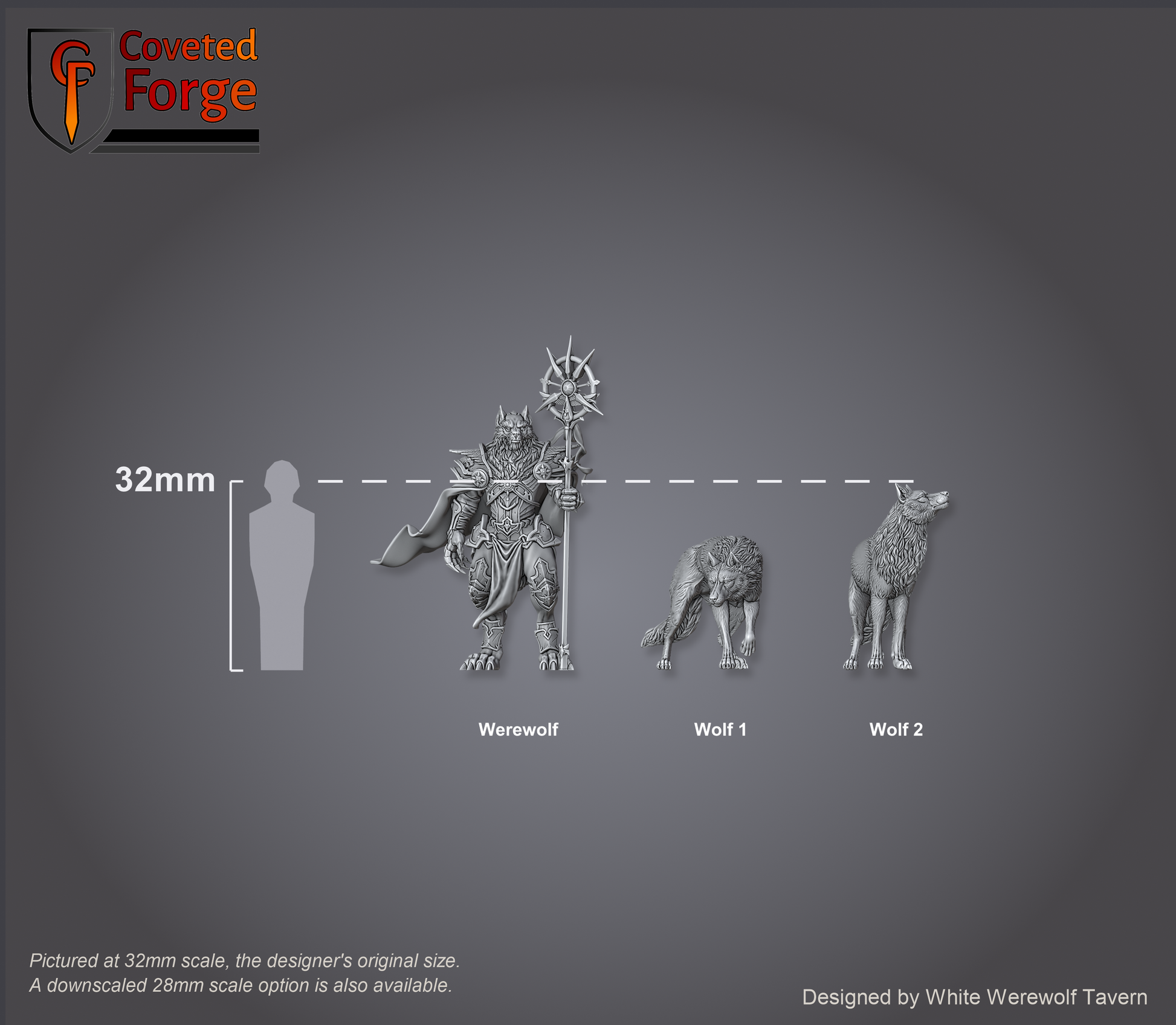 Scale lineup of the werewolf shaman and both wolves at 32mm beside a human silhouette