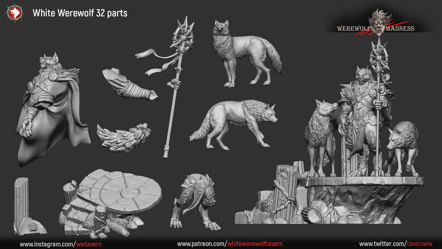 White Werewolf 32mm parts layout with werewolf, two wolves, staff and shrine platform pieces