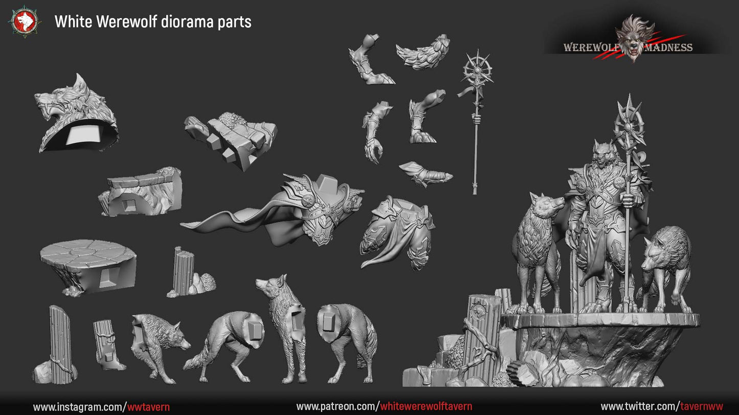 White Werewolf 75mm diorama parts layout with split werewolf, wolves and shrine base pieces
