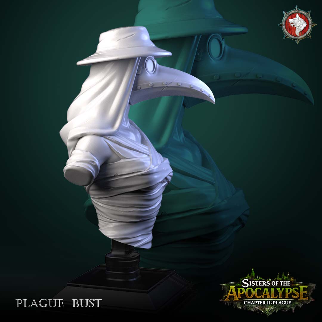 Plague bust front and rear views - beak-masked plague doctor in a wide-brimmed hat with layered head wrap and wrapped bodice, on a black display stand