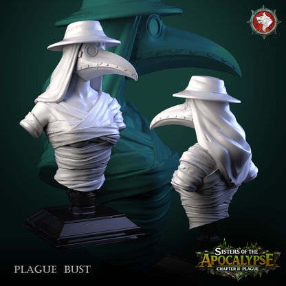 Plague bust angled pair showing the riveted beak mask, goggle lens and hood drape from both sides