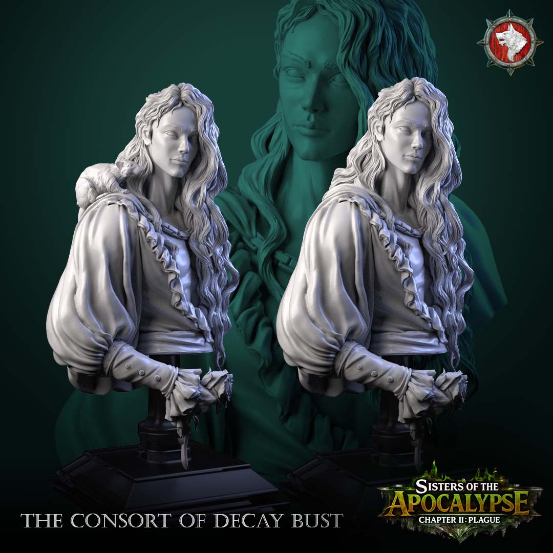 The Consort of Decay bust front view - long-haired figure with ruffled collar, chain necklace and a rat on the shoulder, on a black display stand