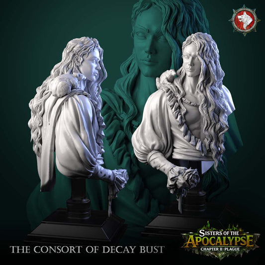 The Consort of Decay bust rear and front angles showing the cape drape, rose in hand and shoulder rat