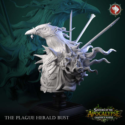 The Plague Herald bust front view - raven-skull head with vine bridle, feathered mantle and ornate breastplate on a black display stand