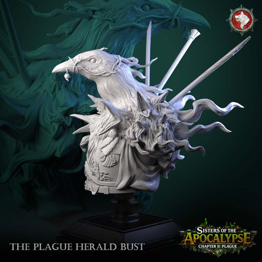 The Plague Herald bust front view - raven-skull head with vine bridle, feathered mantle and ornate breastplate on a black display stand
