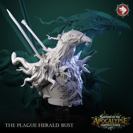 The Plague Herald bust close-up profile of the raven head with open-beaked raven and snarling wolf heads on the pauldron
