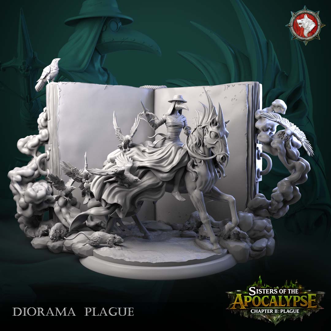 Plague and the Eternal Tome diorama front view - the plague doctor rider framed inside the open tome with smoke, ravens and rats along the stone footing