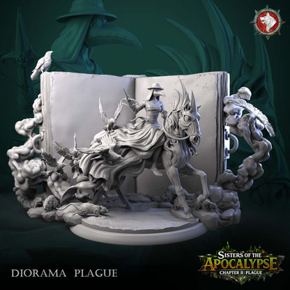 Plague and the Eternal Tome diorama front view - the plague doctor rider framed inside the open tome with smoke, ravens and rats along the stone footing