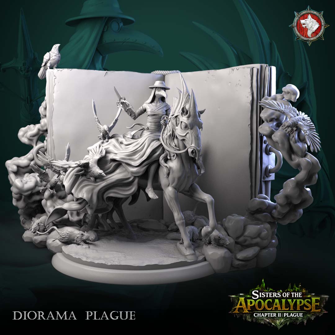 Plague and the Eternal Tome diorama angled view along the open pages with the raven perched on the page tops