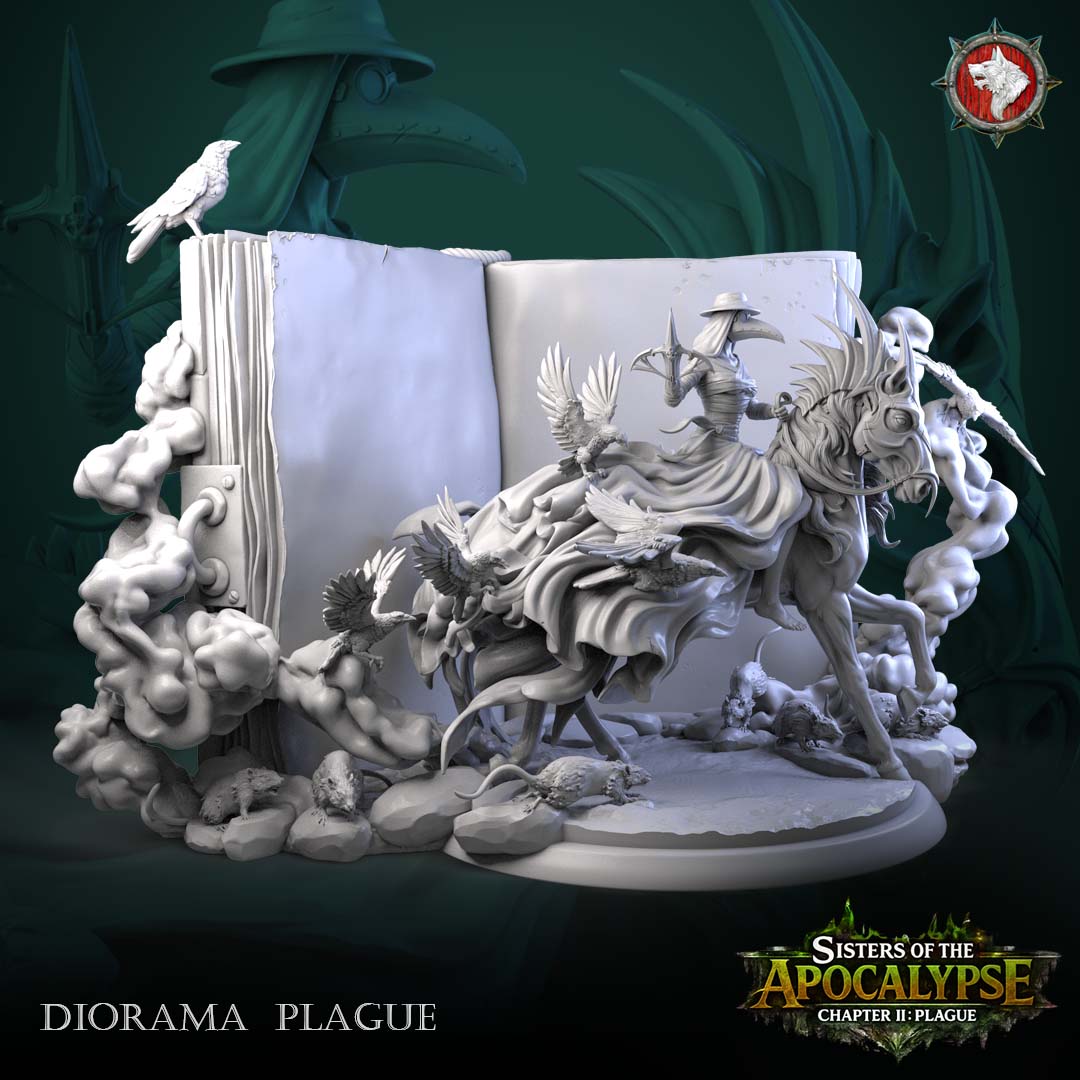 Plague and the Eternal Tome diorama side view showing the clasped page edge, smoke columns and the rat swarm below the horse