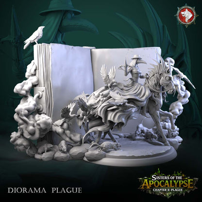 Plague and the Eternal Tome diorama side view showing the clasped page edge, smoke columns and the rat swarm below the horse