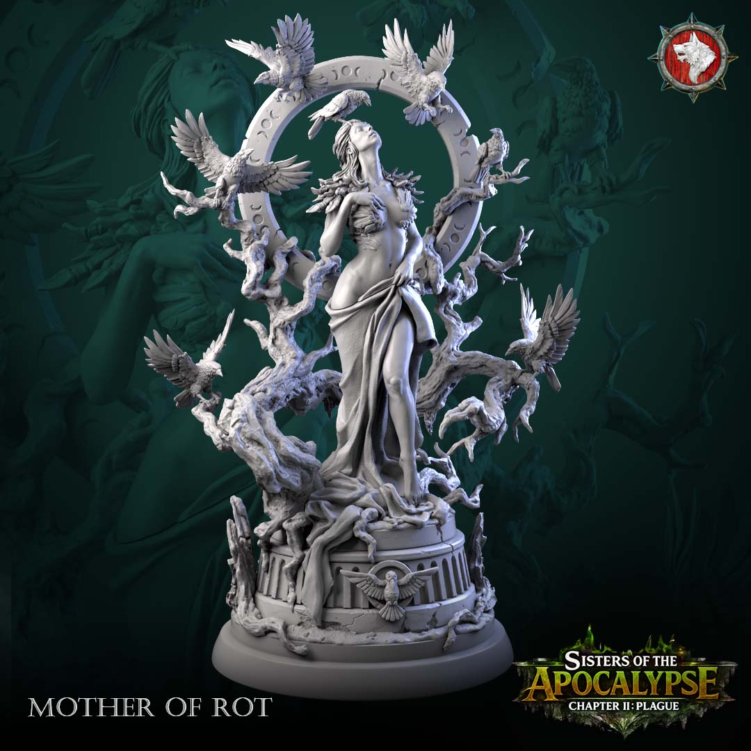 Mother of Rot miniature front view - draped figure on a carved drum dais, crescent-marked stone ring and dead branches behind her with seven perched ravens