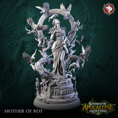 Mother of Rot miniature front view - draped figure on a carved drum dais, crescent-marked stone ring and dead branches behind her with seven perched ravens
