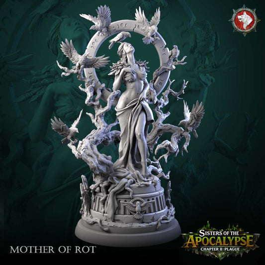 Mother of Rot miniature front view - draped figure on a carved drum dais, crescent-marked stone ring and dead branches behind her with seven perched ravens