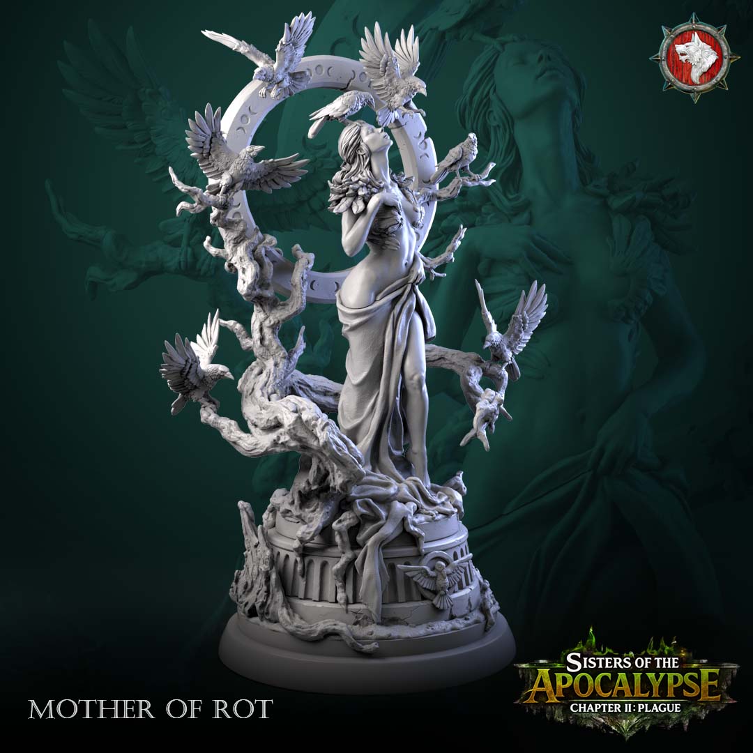 Mother of Rot three-quarter view showing the full shrine ring, twisted roots over the dais and ravens landing on the branches