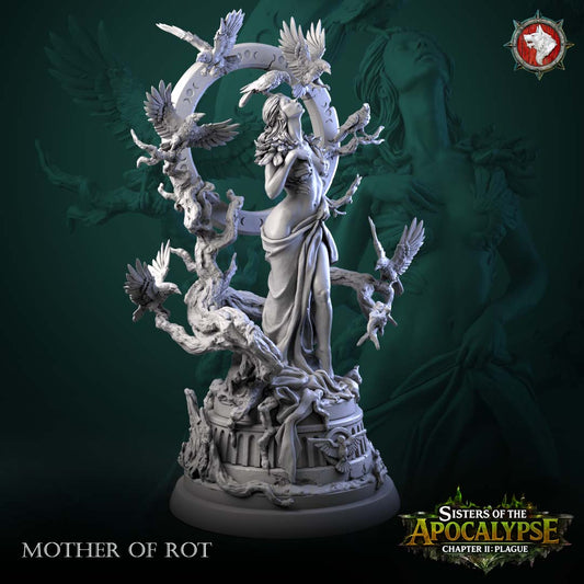 Mother of Rot three-quarter view showing the full shrine ring, twisted roots over the dais and ravens landing on the branches