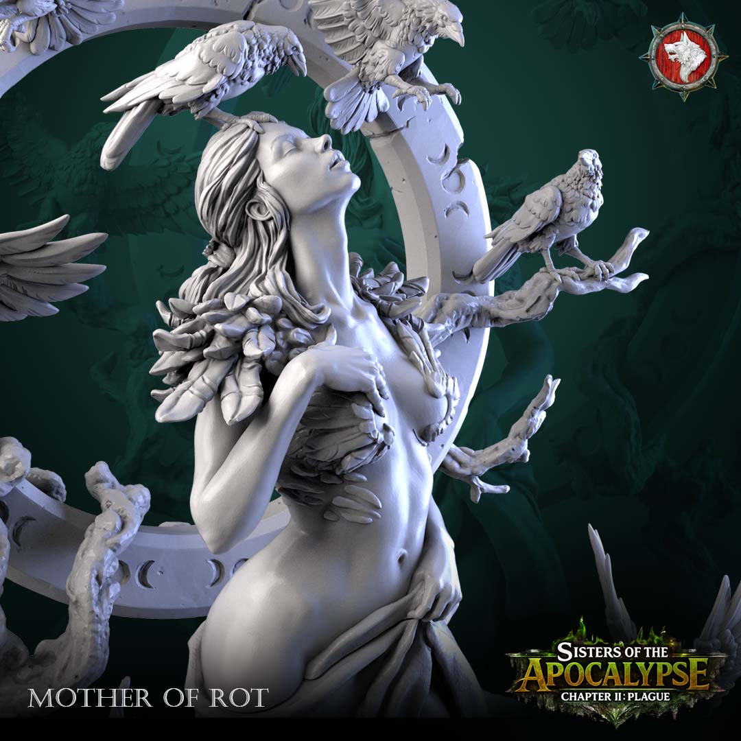 Mother of Rot close-up of the torso with feather-leaf collar, a raven gripping her hair and another on a dead branch