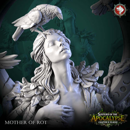 Mother of Rot close-up of the upturned face with a raven perched on her head