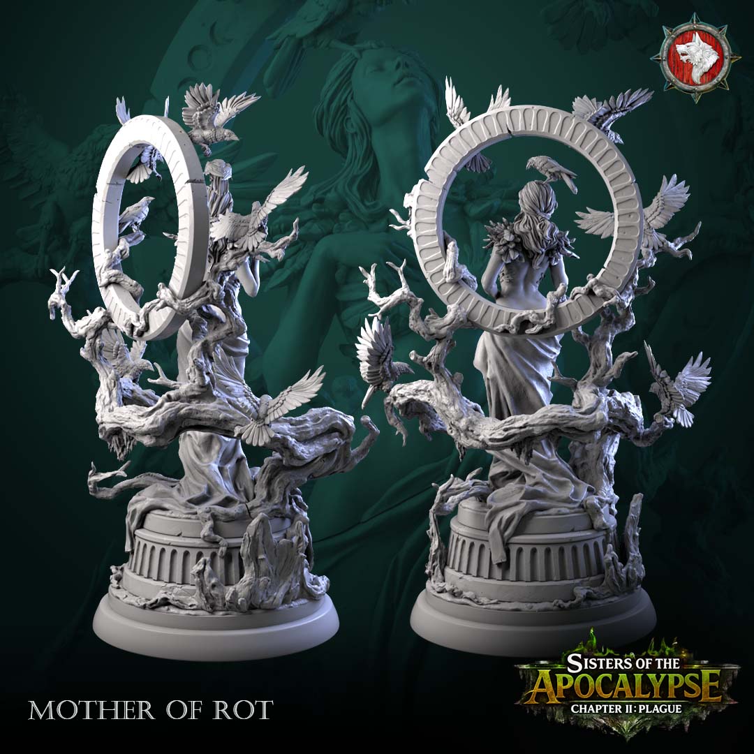 Mother of Rot rear views showing the back of the moon ring, root-wrapped dais and drapery