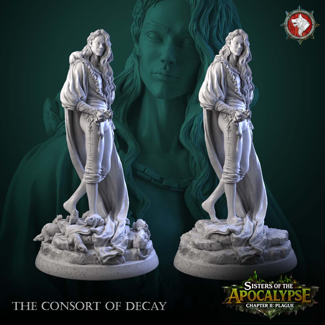 The Consort of Decay miniature front and back views - barefoot figure in a loose blouse and long cape on a rocky round with a burial shroud and dead rats