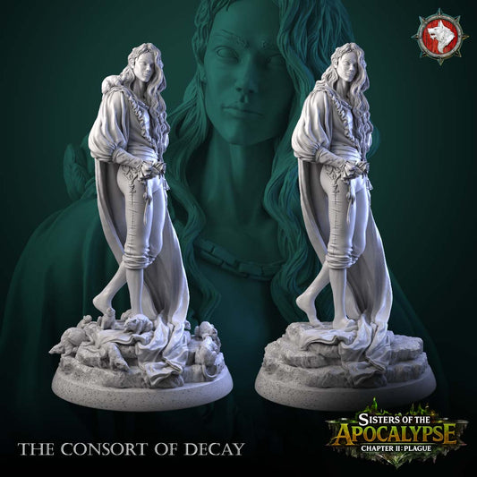 The Consort of Decay miniature front and back views - barefoot figure in a loose blouse and long cape on a rocky round with a burial shroud and dead rats