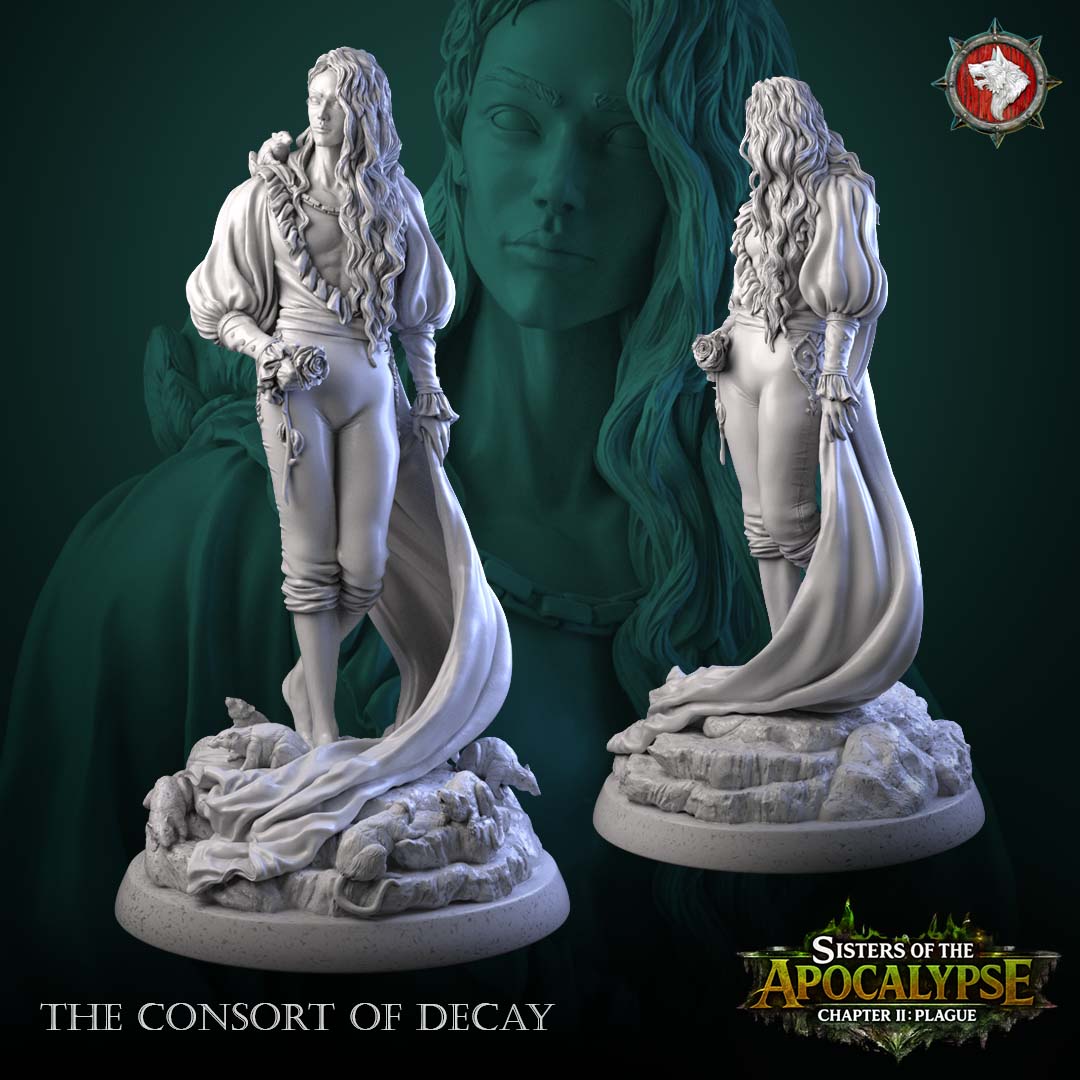 The Consort of Decay alternate angles showing the rose held at the hip and the cape sweeping onto the rocks