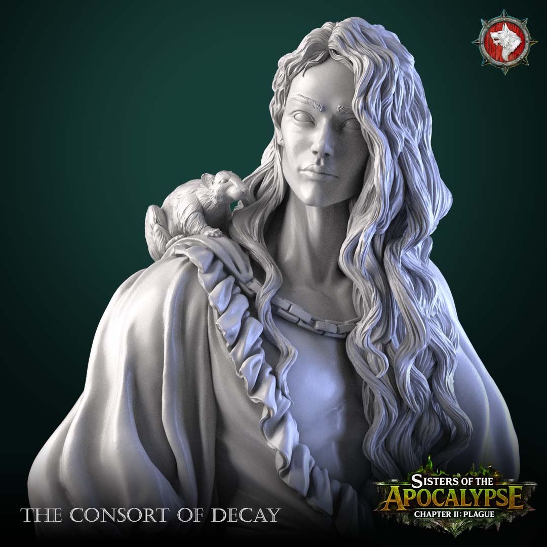 The Consort of Decay close-up of the face with flowing hair and a rat perched on the ruffled shoulder