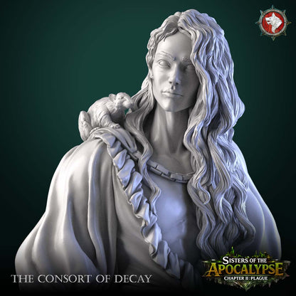 The Consort of Decay close-up of the face with flowing hair and a rat perched on the ruffled shoulder