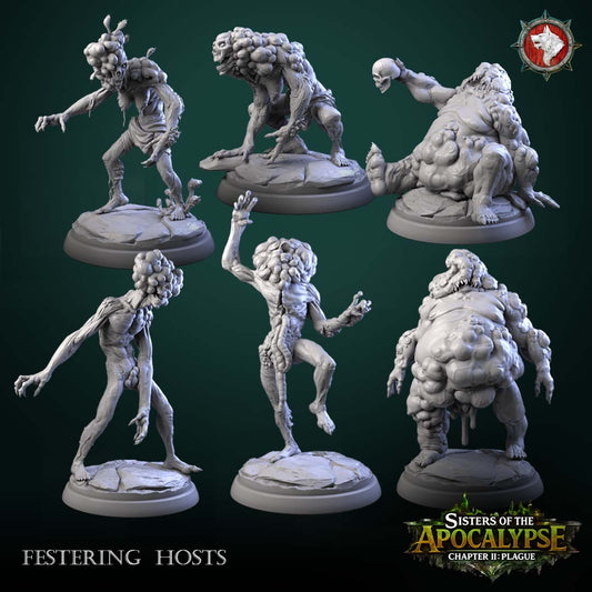 Festering Hosts full set of six boil-covered plague walker miniatures on rocky rounds - four gaunt shamblers and two bloated hulks