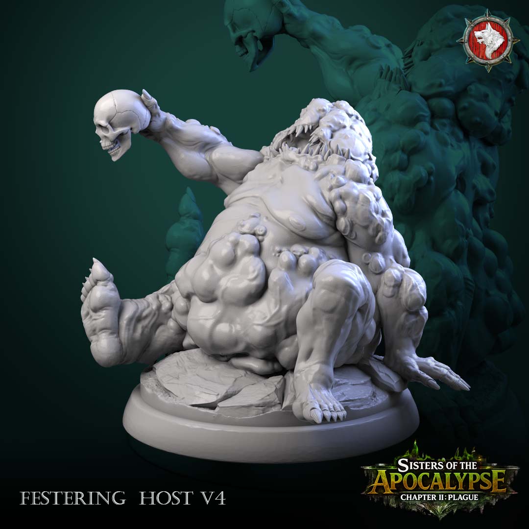 Festering Host V4 - seated bloated hulk holding a human skull aloft, boils across belly and legs