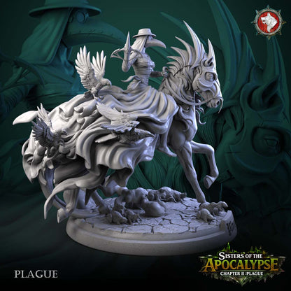 Plague miniature front view - beak-masked plague doctor with crossbow riding a blinkered horse over a cracked round swarming with rats, name plate reading Plague