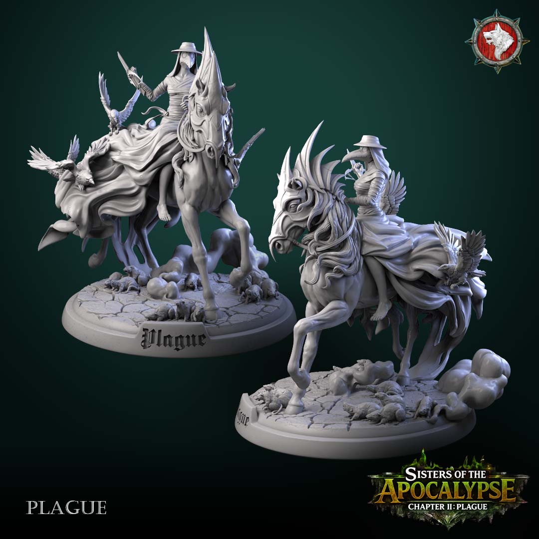 Plague front and rear angles side by side showing the raven-covered cloak and the rat swarm around the hooves